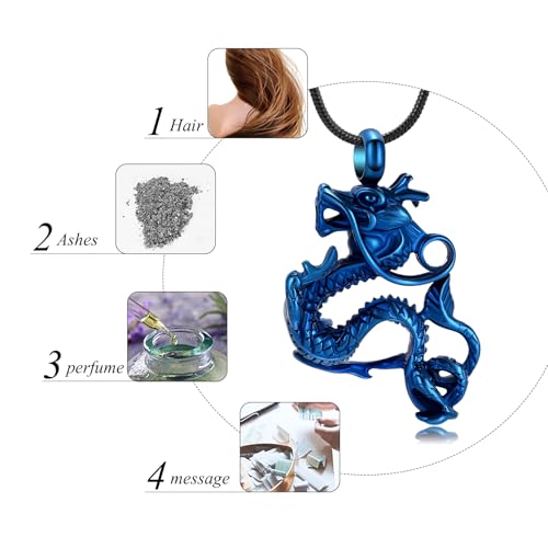 Cremation Jewelry for Ashes Stainless Steel Dragon Urn Necklace Keepsake Human Pet Ashes Holder Memorial Pendant for Women Men Blue
