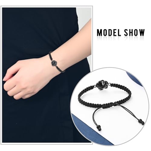 Rose Flower Ashes Bracelet Adjustable Braided Rope Cremation Jewelry Black