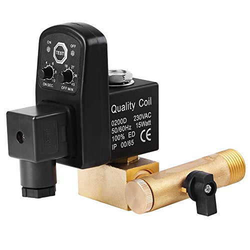 Automatic Electronic Drain Valve for Air Compressor Condensate Management, G1/2 DN15 Air Tank Water Moisture Automatic Timed Drain Valve with Separated Solenoid (AC 230V)