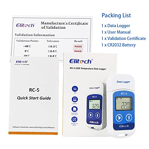 Elitech RC-5 Temperature Data Logger, IP65 Waterproof, 32000 Points Capacity - Mini USB Temperature Recorder with LCD Display, PDF/EXCEL/TXT Report for Cold Chain, Warehouse, Food, Laboratory 1 Items
