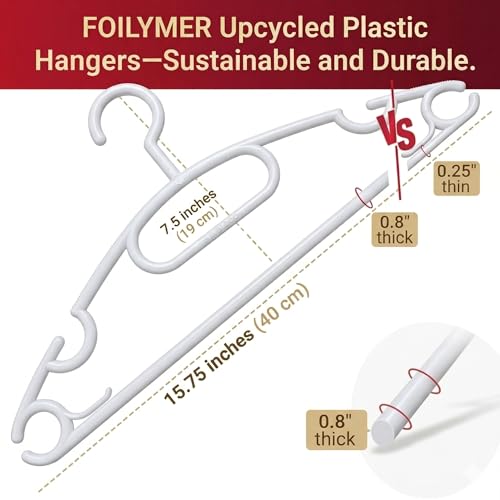 Foilymer Cloth Hangers 10 Pack - Sustainable and Durable Upcycled Plastic Clothes Hangers, 0.80 Inch Thick, Heavy Duty Closet Organizers and Storage