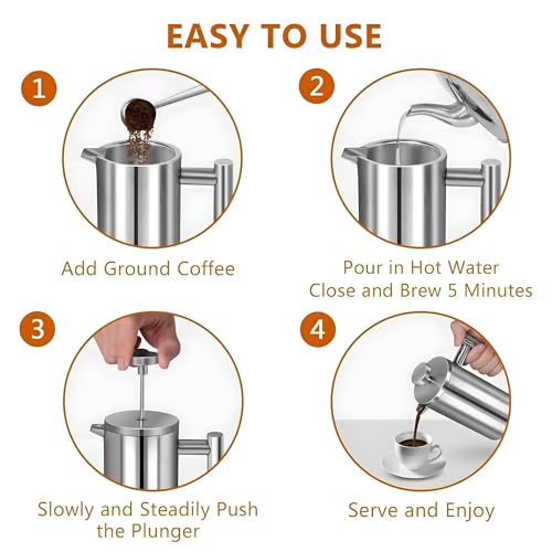 Small French Press Coffee Maker 1 Cup - 12oz/350ml Single Cup Metal French Press(1 Cup), Stainless Steel Double Wall Insulated Coffee & Tea Maker w/ 3 Extra Screens + 1 Spoon (Silver), Dishwasher Safe Silver 12oz | 1 to 2 Cups