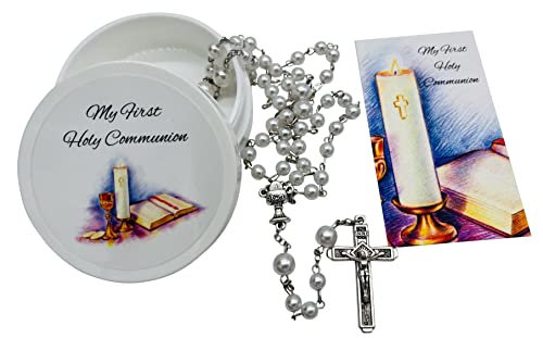 Westmon Works First Communion Rosary White Glass Bead with Metal Chalice Centerpiece and Crucifix Catholic Deluxe Set with Case for Male and Females