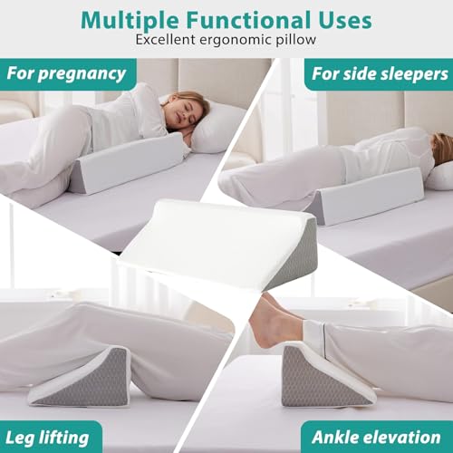 Bedluxe Wedge Pillow for Side Sleeping, Comfort Foam Back Pillow for Side Sleeper, Bed Wedges & Body Positioners for After Surgery, Pregnancy Support, Back Pain, Preventing Bedsores, White/Grey 23*10*6 Inch