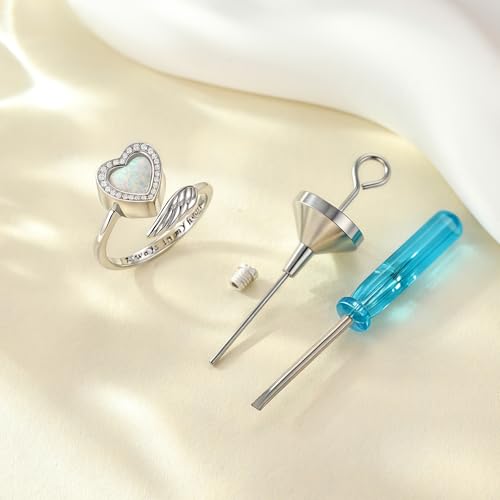 YAFEINI Urn Rings for Ashes 925 Sterling Silver Opal Urn Ring Adjustable Band Always in My Heart Opal Memorial Jewelry for Women