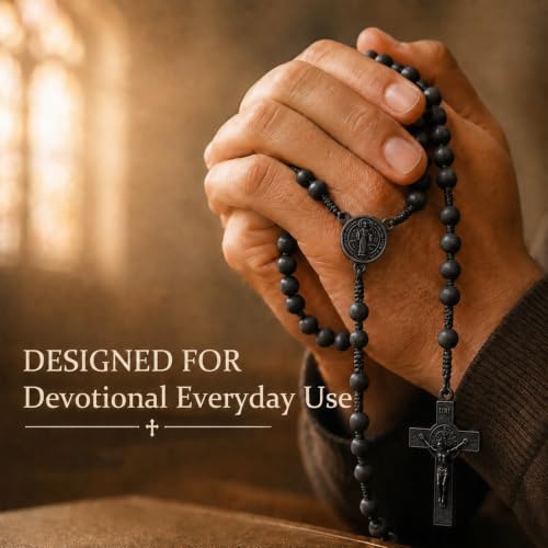 Catholic Rosary Beads Necklace, Natural Wooden Rosary with Medal Cross Jesus Christ Saint Benedict for Prayer Baptism Black