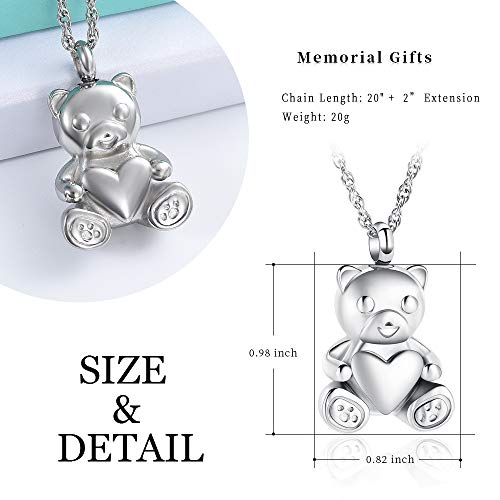 shajwo Teddy Bear Cremation Urn Necklace for Women Men Teddy Bear- Silver