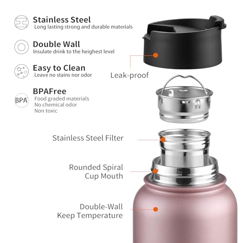 Sivaphe Infuser Water Bottle with Removable Strainer for loose leaf Tea 18/8 Stainless Steel 32 oz Insulated Tea Tumbler Gift for Women Rosegold 32 Ounces