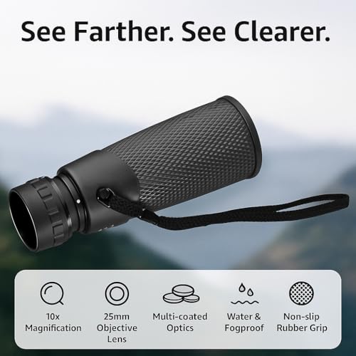 Barska Blackhawk Waterproof Monocular – Compact, Fogproof, Multi-Coated Optics, Slip-Resistant Grip for Birding, Hiking, Sports, Concerts & Outdoor Use 10x25