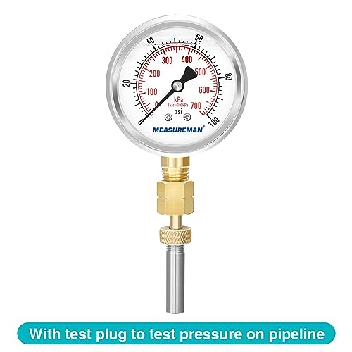 MEASUREMAN liquid filled pressure gauge with brass 1/4 NPT adaptor and stainless steel probe sheath