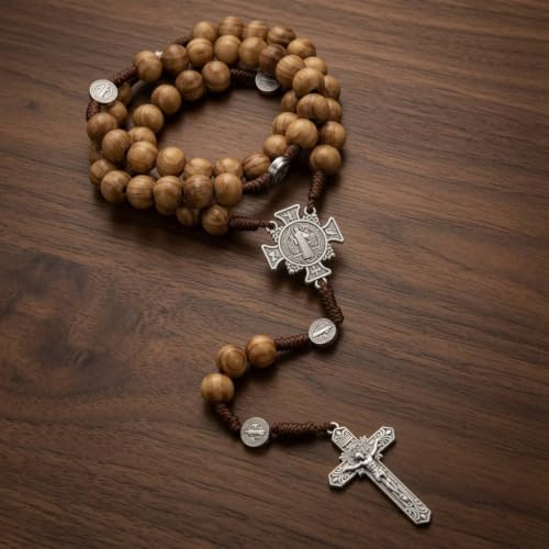 Nazareth Store Sacred St Benedict Wood Beads Rosary Solid Wooden Prayer Chaplet with Cross Saint Medal & Silver Jesus Crucifix
