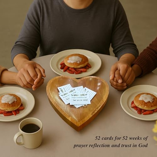 Prayer Bowl Wooden Trust In God - Christian Gifts for Mothers day, Wedding, Confirmation, Housewarming - Hostess Gift Ideas - Easter Prayer Room Decor - Heart Decorative Bowl 9" with 52 Scripture Card
