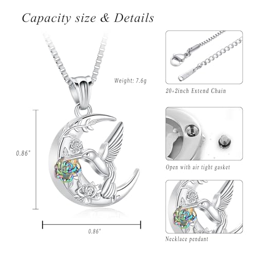 XSMZB Hummingbird Urn Necklace for Ashes of Loved One Rose Flower Moon Cremation Jewelry Ashes Holder Keepsake Pendant for Women Men Silver-Colorful
