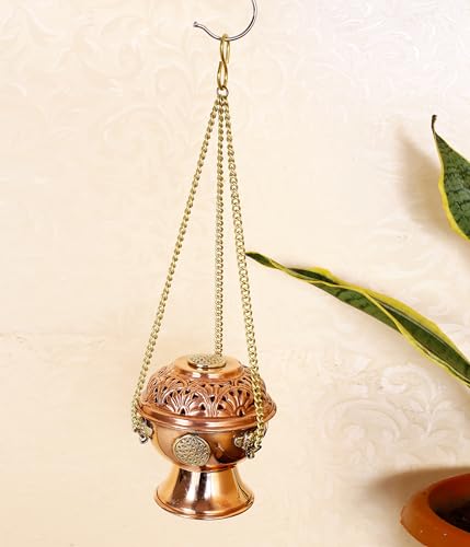 Indian Consigners Copper Altar Incense Charcoal Burner with Chain, Flower of Life Design, Hanging Incense Holder for Home, Altar & Spiritual Décor