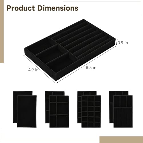 8 Pcs Jewelry Drawer Organizers, Velvet Jewelry Trays for Drawer, Stackable Jewelry Trays, Ideal for Rings, Earrings, Bracelets, Necklaces, Black