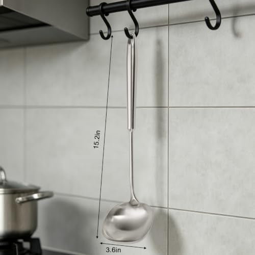 15.4" Large Soup Ladle,316 Stainless Steel Kitchen Ladle with Unique Square Head,Premium Matte Finish Gravy Ladle for Serving Stews,Soups&Sauces,Ergonomic Heat-Resistant Handle Soup Spoon 15.4in Soup Ladle