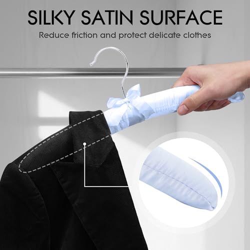 Women's Satin Padded Hangers - 15" Foam-Filled Wooden Clothes Hangers with No Shoulder Bumps, Bow Accent, for Sweaters, Blouses, Dresses - 5 Pack (Light Blue)