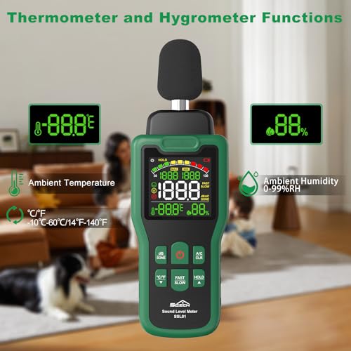 Dezibel Meter, SQECH Sound Level Meter with Temperature Humidity | Sound Level Meter with Color Backlight Display A/C Rating dB/SONE Unit Fast/Slow Response 30-130dB