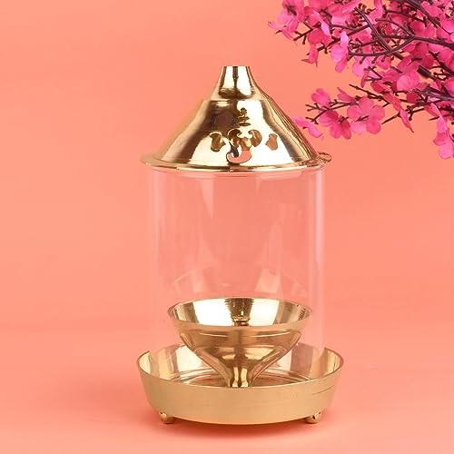 SATVIK - 7 INCH - Pure Brass Akhand Diya with Glass Chimney Kanchdeep Oil Lamp for Home Temple Pooja Diwali Decor Traditional Brass Lamp