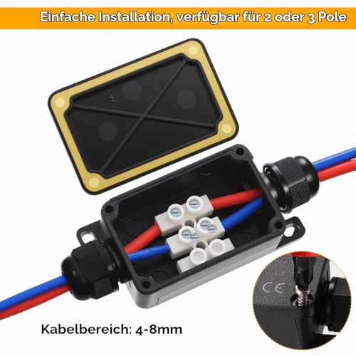 Pack of 6 Junction Box Small Mini Junction Box Waterproof Junction Box Waterproof Small Black 2-Way IP66 Waterproof Junction Box for Garden Outdoor Cable Earth Cable Diameter 3 mm - 6.5 mm Cable Connector Mini 2-Wege