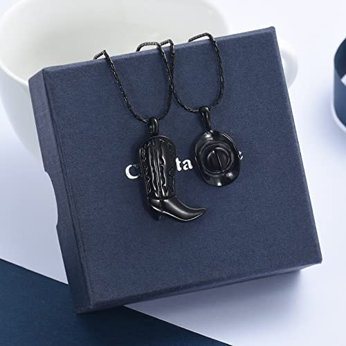 constantlife 2 Pack Cremation Jewelry for Ashes Stainless Steel Cowboy Boot & Hat Urn Necklace Keepsake Memorial Pendant for Women Men Black
