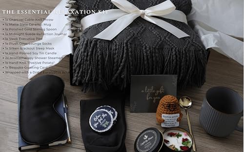 Thoughtful Comfort Care Package for Men & Women - Grey & Navy Gift Box with Knitted Blanket, Ceramic Mug & Positive Potato - Versatile Thinking of You or Birthday Gift