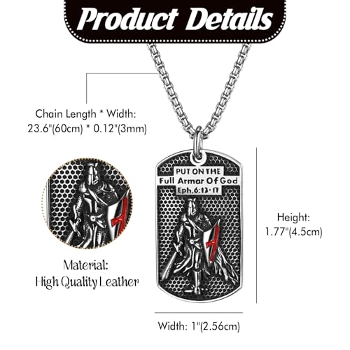 Flongo Armor of God Cross Necklace for Men – Black Stainless Steel Dog Tag Pendant with Bible Verse Ephesians 6:13‑17, Knight Design Christian Jewellery Symbol of Faith and Protection Silver