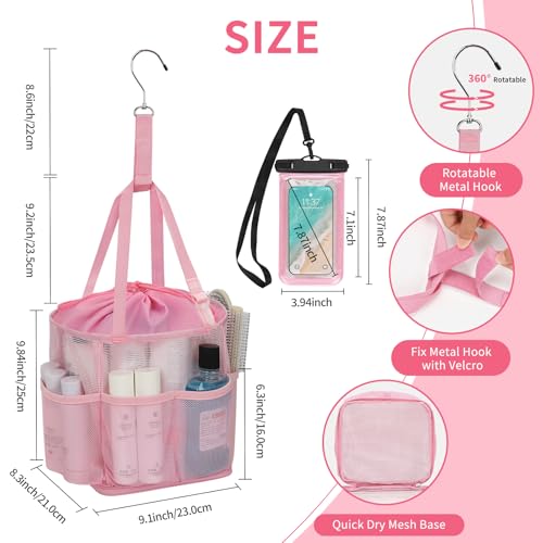 Mesh Shower Caddy Portable for College Dorm Room Essentials, Hanging Shower Caddy with Waterproof Phone Pouch, Large Capacity Shower Bag Basket Tote for Bathroom, Gym, Camping, Swimming, Beach, Pink 04-Pink with Phone Pouch