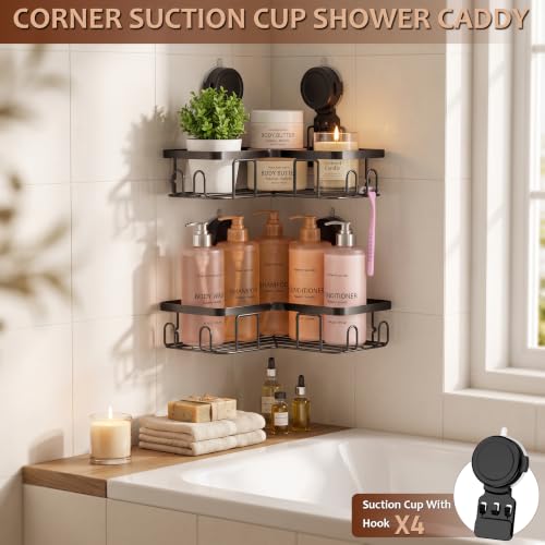 Moforoco Corner Shower Caddy Suction Cup, No Drilling Stainless Steel Shower Shelves, Portable/Movable Large Suction Cup Shower Organizer with Hooks Bathroom Storage Rack(Black)