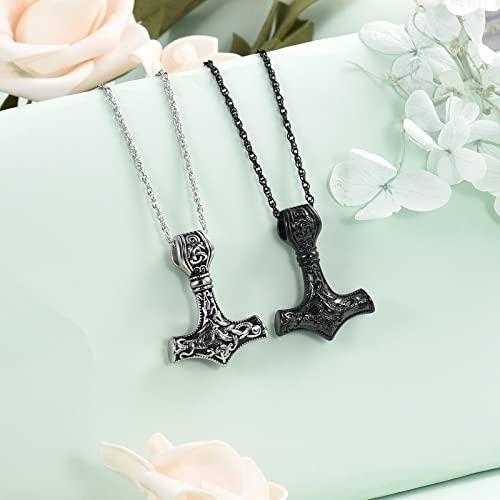 shajwo Mjolnir Thors Hammer Urn Necklace for Ashes for Men Celtic Nordic Viking Cremation Jewelry for Women Keepsake Memorial Ashes Pendant 2PCS Silver/Balck