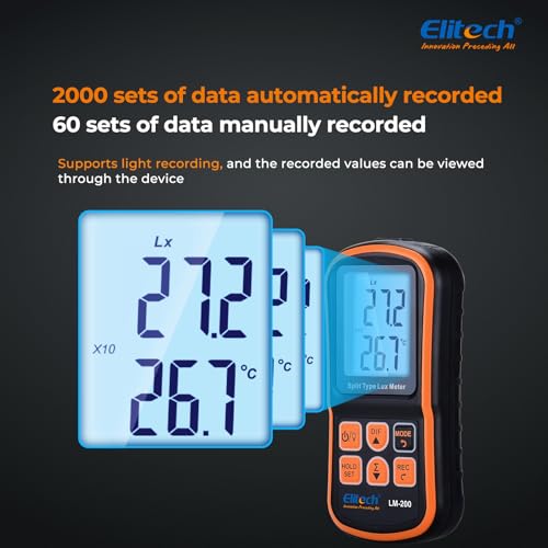 Elitech LM-200 digital light meter with LCD display, handheld 200,000 lux illuminance and temperature measurement