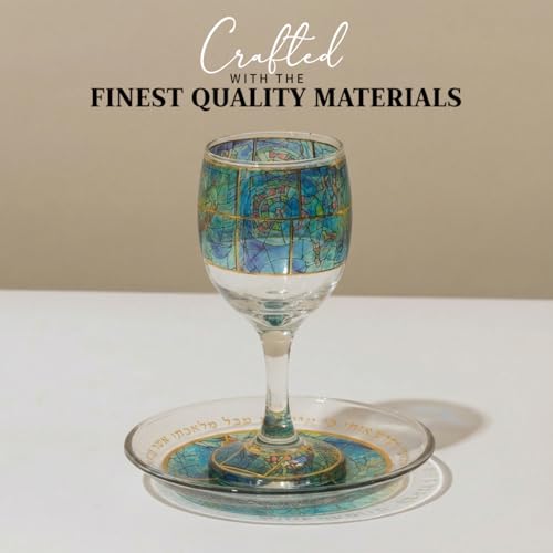 SURI Glass Kiddush Cup Set with Matching Base – Modern Shabbat Kiddish Cup, Jewish Home Decor & Judaica Gift blue chagall