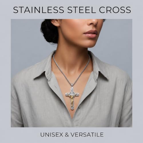 St Benedict Crucifix Necklace Stainless Steel Gold Tone Catholic Gift