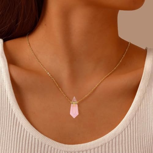 Cremation Jewelry Urn Necklaces for Ashes for Women Men, Natural Crystal Stone Memorial Keepsake Pendant Urn Locket for Human Ashes Holder Pink