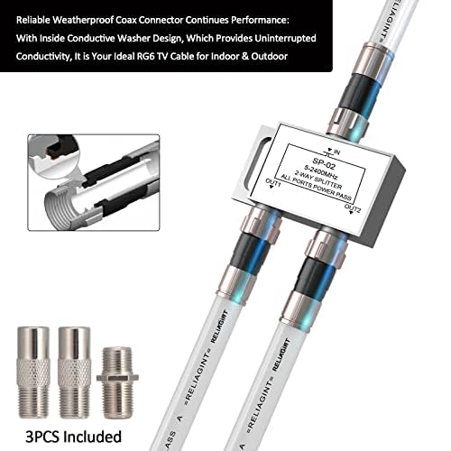 [Australia - AusPower] - 50ft White RG6 Coaxial Cable with F Connector, F81 Female Extension Adapter, Low Loss High-Speed Coax Cable Cord Extender for HD TV, Dish, Satellite, Antenna 50' 50 FT 