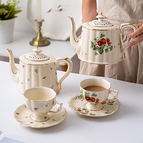 Retro Coffee Mug Sets, Ceramic Espresso Cups with Saucers, Drinks Cocoa Latte Cup Porcelain Tea Pot Gift Sets for French Restaurant Bar, Floral Design (1X Strawberry pot) 1x Strawberry Pot