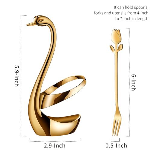 Gold Dessert Fork Set of 12 with Swan Base Holder, 6 Inch Gold Swan set
