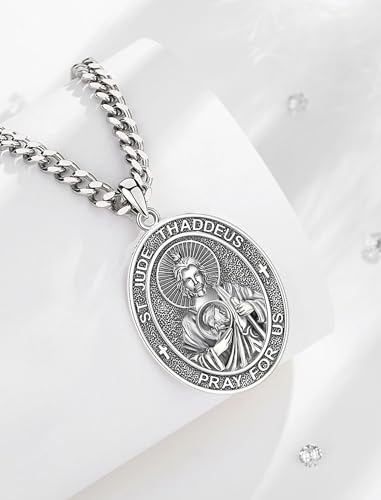 INFUSEU Saint Jude Necklace for Men St Jude Pendant San Judas Tadeo Curb Chain Catholic Medallions Christian Religious Gifts Women Protection Jewelry Guardian Angel Spiritual Amulet