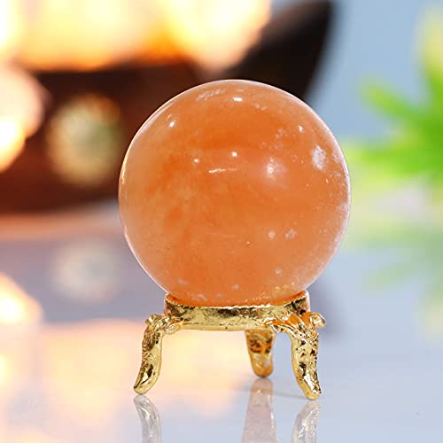 Crocon 45mm Orange Selenite Stone Sphere Ball with Metal Stand 1400+ Carats Gemstone Ball Healing Sphere Sculpture Figurine for Fengshui Divination Home Decoration Photography Crystal Sphere