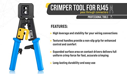 Everest Media Solutions RJ45 Crimp Tool for Pass Through Connector End - EZ Cut, Strip, Crimp Cat5e & Cat6 Ethernet Cables - Heavy Duty Crimper for RJ45 Plugs - Professional Network Crimping Tool