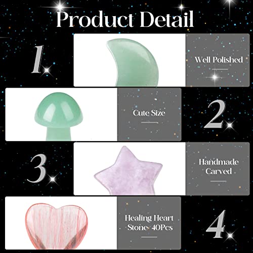 40 PCs Crystal Heart Moon Star Mushroom Shaped Natural Healing Worry Stones Bulk Polished Love Gemstones Handmade Pocket Set Bulk Balancing Meditation Mother's Day Christmas Gift 40pcs
