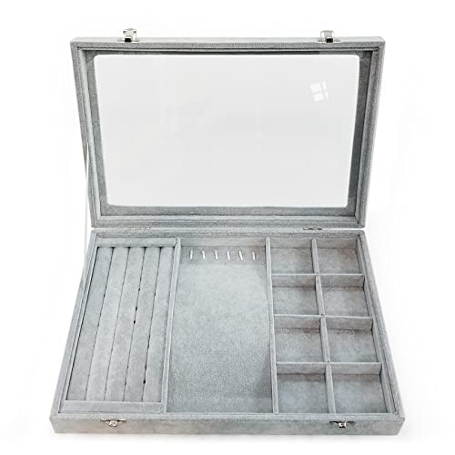 Ice Velvet Jewelry Organizer Box for Women Girlfriend Wife 8 Grids & 5 Slots & 6 Necklace Hooks