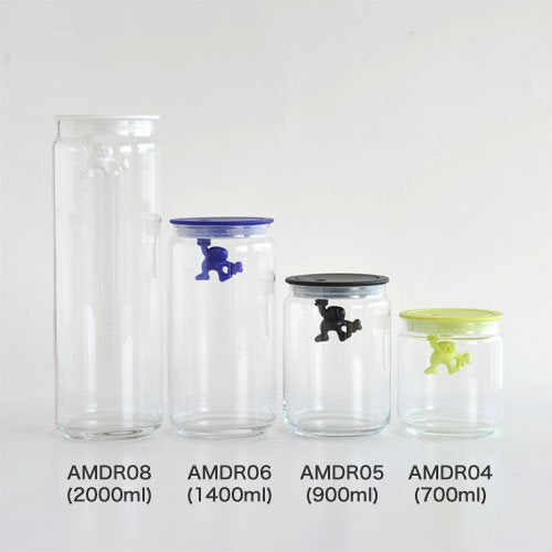 Alessi AMDR08 B "Gianni" black glass food jar with 2000 ml capacity, featuring a sleek, modern design for storing kitchen essentials.