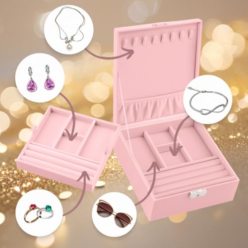 Prestige & Fancy 2 Layer Jewelry Box Organizer for Men, Women & Girls 8.5 x 7.5 x 3.3 in | PU Leather Pink Jewelry Storage Organizer | jewelry storage box for Rings, Necklace & Bracelets