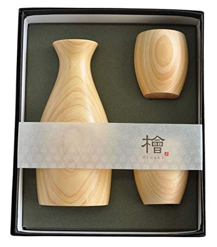Japanese Traditional Hinoki Wooden Sake Set, 1 Tokkuri Flute and 2 Cups, Handmade in Japan