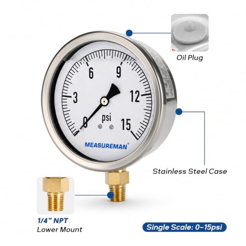 MEASUREMAN 4 Inch Glycerin-Filled Pressure Gauge, 0-15 PSI, 1/4 NPT