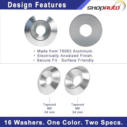 16-piece silver aluminum tapered washer set, 24mm OD, M6 and M8 flat washers by Shopauto