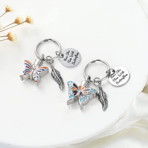 Yinplsmemory Cremation Jewelry Butterfly Urn Keychain for Ashes for Women-Now She Flies with Butterfly Urn Keyring Silver B
