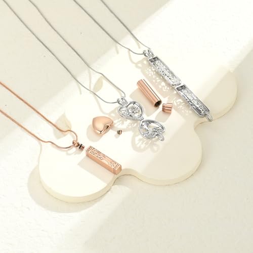 3 Pack Cremation Urn Necklace for Ashes for Women Men Stainless Steel Heart Cylinder Cube Memorial Keepsake Pendant for Holder Loved One Ash Rose-3pc