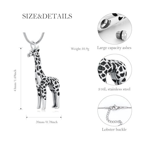 Hearbeingt Giraffe Urn Necklaces for Ashes Deer Memorial Cremation Jewelry Silver